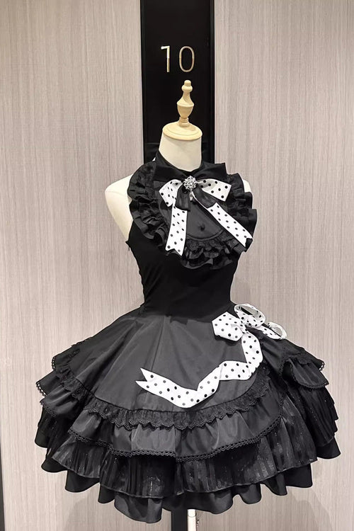 Black Multi-Layered Polka Dots Print Ruffle Bowknot Gothic Lolita Dress