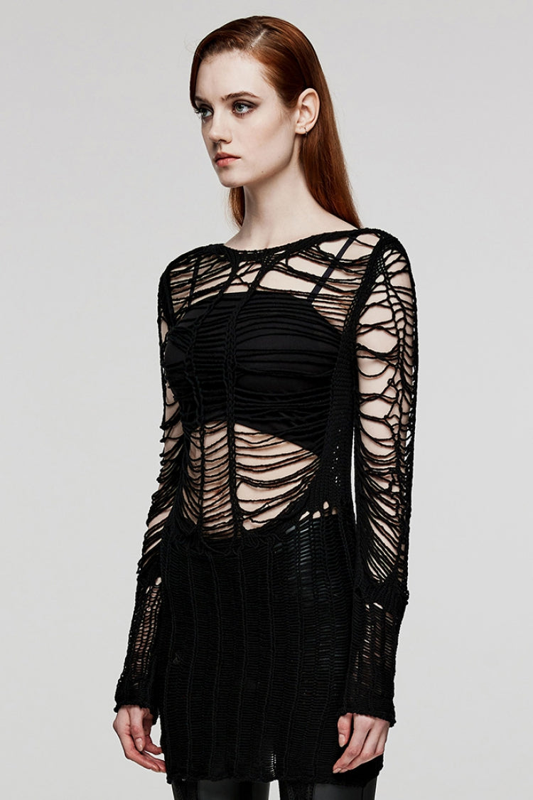Black Long Sleeves Hollow Sheer Ripped Women's Steampunk Long Sweater