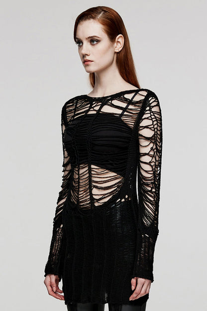 Black Long Sleeves Hollow Sheer Ripped Women's Steampunk Long Sweater
