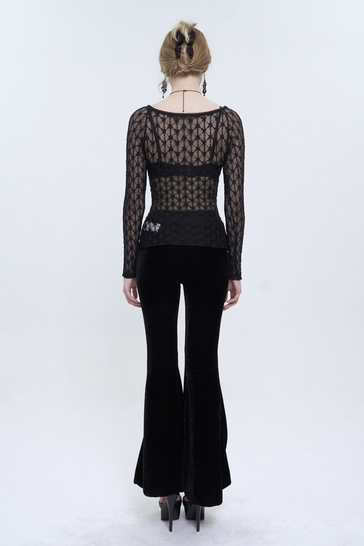 Black Lace Mesh Front Red Diamond Long Sleeve Transparent Women's Punk T-Shirt