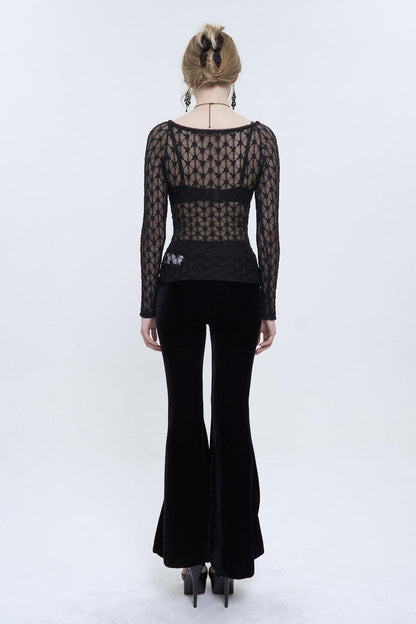 Black Lace Mesh Front Red Diamond Long Sleeve Transparent Women's Punk T-Shirt