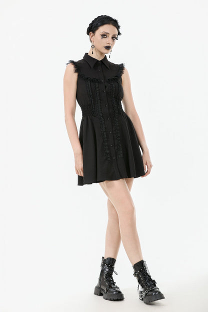Black Lapel Collar Sleeveless Lace Women's Gothic Button-Front Dress Graduation Dress