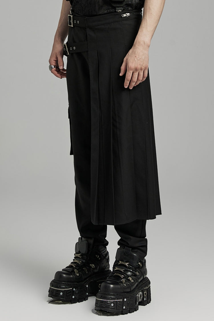 Black Asymmetric Buckle Men's Punk Pleated Skirt