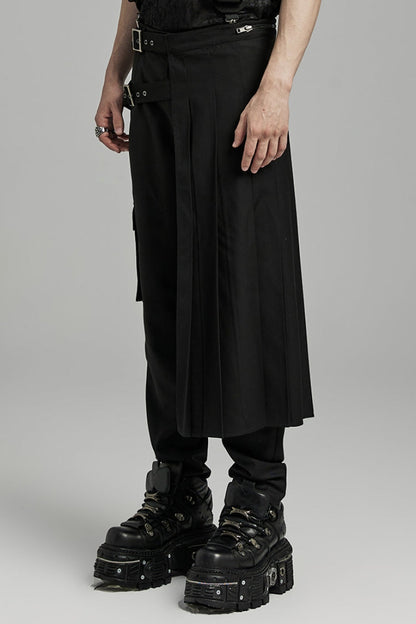 Black Asymmetric Buckle Men's Punk Pleated Skirt