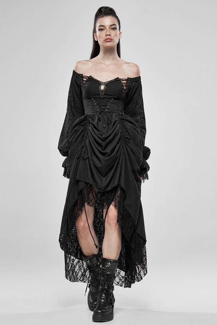 Black Off Shoulder Long Puff Sleeves Ruffle Mesh Women's Gothic Dress