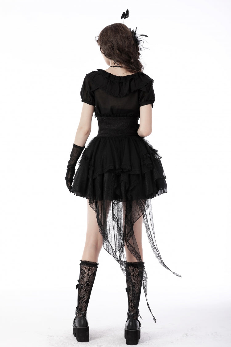 Black Lace-Up Multi-Layered Lace Women's Gothic Fishtail High Low Tunic Skirt
