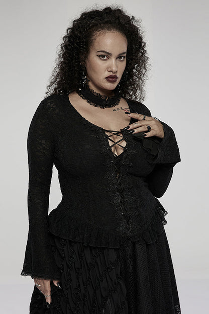 Black Elasticity Lace Fabric Sexy Perspective Embroidery Decoration Cross Rope Trumpet Sleeve Women's Plus Size Gothic T-Shirt