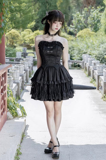 Black Bamboo Dream Multi-layer Dark Pattern Print Ruffle Gothic Lolita Skirt Set