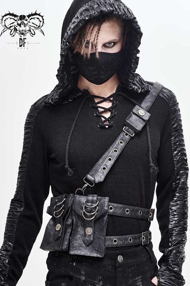 Black Leather Large Capacity Adjustable Fog Flower Men's Gothic Waist Bag