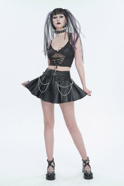 Black Faux Leather Web Eyelet Adjustable String Chain Pleated Women's Gothic Skirt