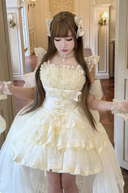 Beige [Mousse Love Song] Off Shoulder Sleeveless Triple-Layered Ruffled Hanayome Bow Sweet Elegant Ballet Lolita Short Dress Set