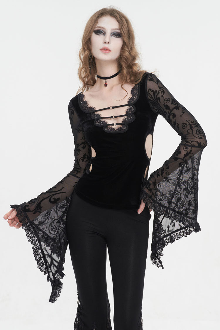 Black Plunging Flared Sleeved Mesh Splice Women's Punk Shirt