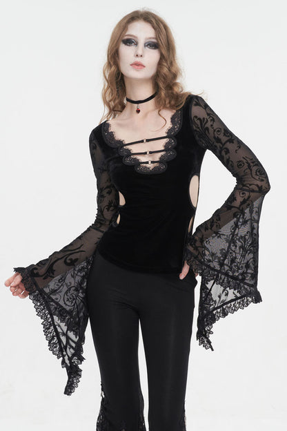 Black Plunging Flared Sleeved Mesh Splice Women's Punk Shirt