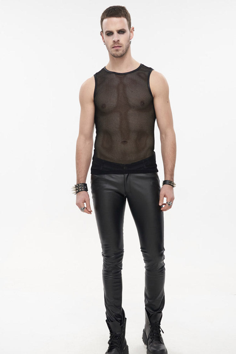 Black Gothic Elasticity Perspective Rhombus Net Yarn Sleeveles Men's T-Shirt