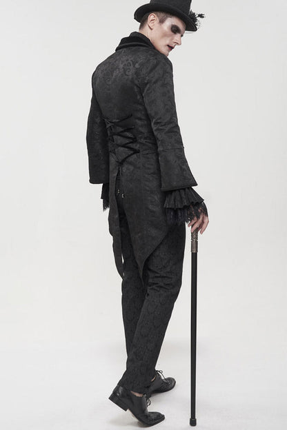 Black Gothic Embroidered Print Pattern Metal Pattern Buckle Decoration Trumpet Sleeve Men's Swallowtail Coat