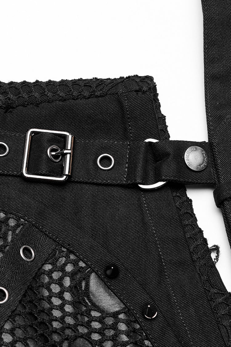 Black Faux Leather Stitching Mesh Buckles Women's Steampunk Shorts