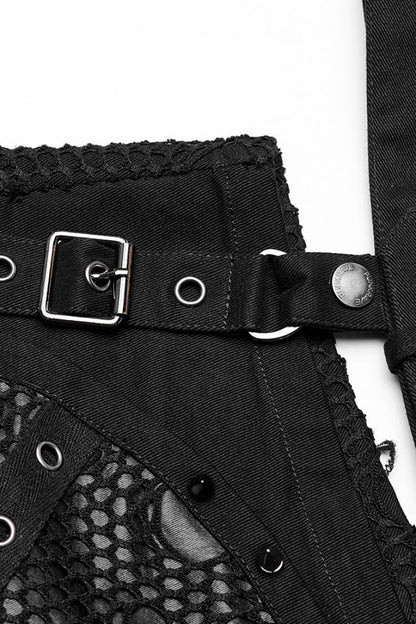 Black Faux Leather Stitching Mesh Buckles Women's Steampunk Shorts