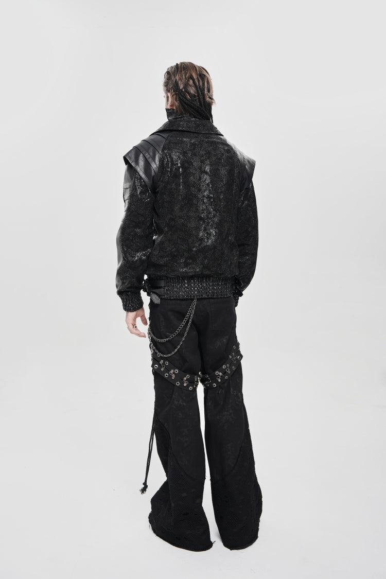 Black Faux Leather Stitching Buckle Zipper Straps Men's Punk Coat