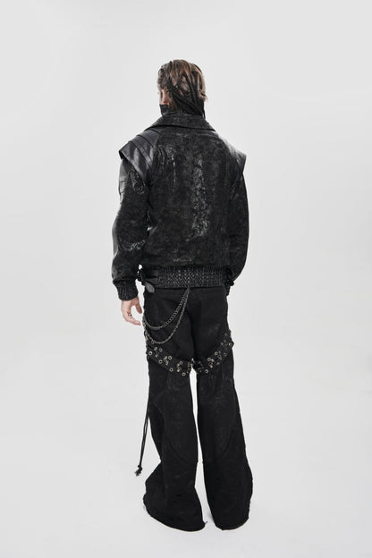 Black Faux Leather Stitching Buckle Zipper Straps Men's Punk Coat