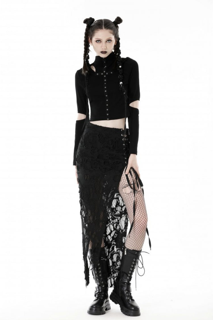 Black Metal Cross Eyelet Long Sleeves Cut-Out Women's Punk Crop Top with Ripped Hood