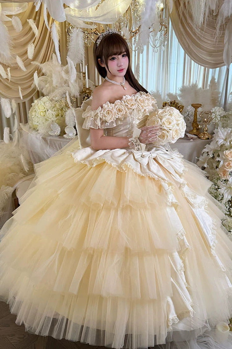 Apricot [Heart’s Beloved Rose] Sleeveless Ruffled Hanayome Bow Lace Lace-Up Sweet Lolita Jsk long Dress