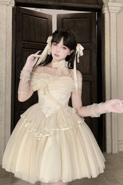 Beige [Sanglin’s Tribute] Off Shoulder Ruffled Sweet Lolita Dress