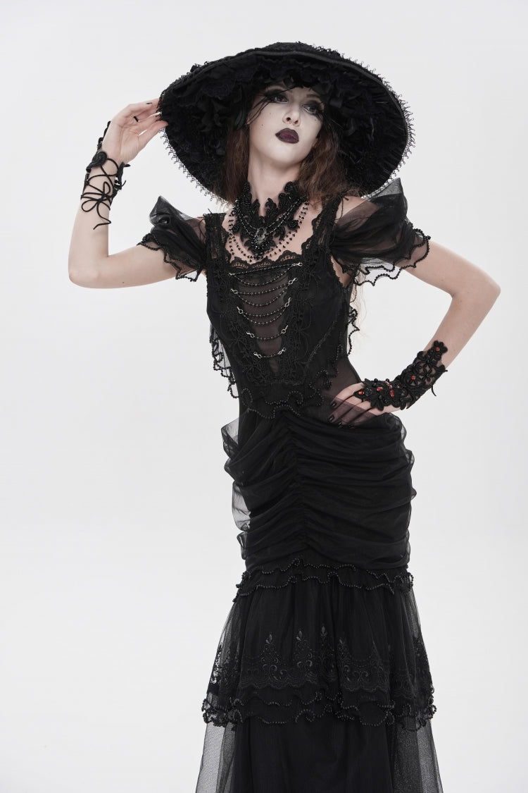 Black Off Shoulder Ruffled Cut-Out Lace Pleated Women's Gothic Dress