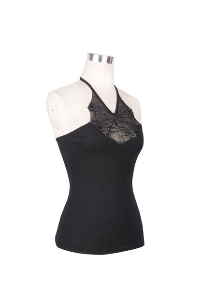 Black Front Chest Spider Web Flocking Printing Mesh Tight Halter Women's Punk Vest