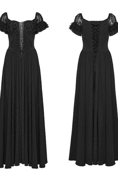 Black Off Shoulder Short Puff Sleeves Ruffled Hanayome Embroidered Lace Women's Gothic Elegant Gorgeous Dress