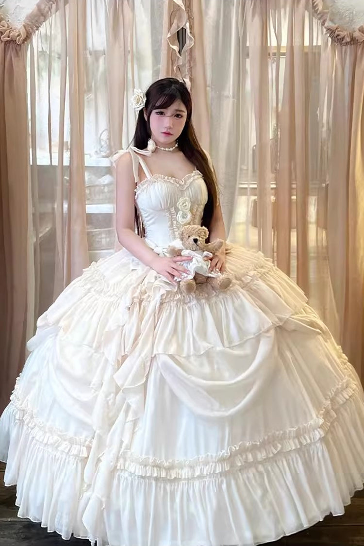 Apricot/Beige [Antique Bride] Sleeveless Multi-Layered Ruffled Bow Lace Sweet Elegant Gorgeous Full Skirt Lolita Jsk Dress