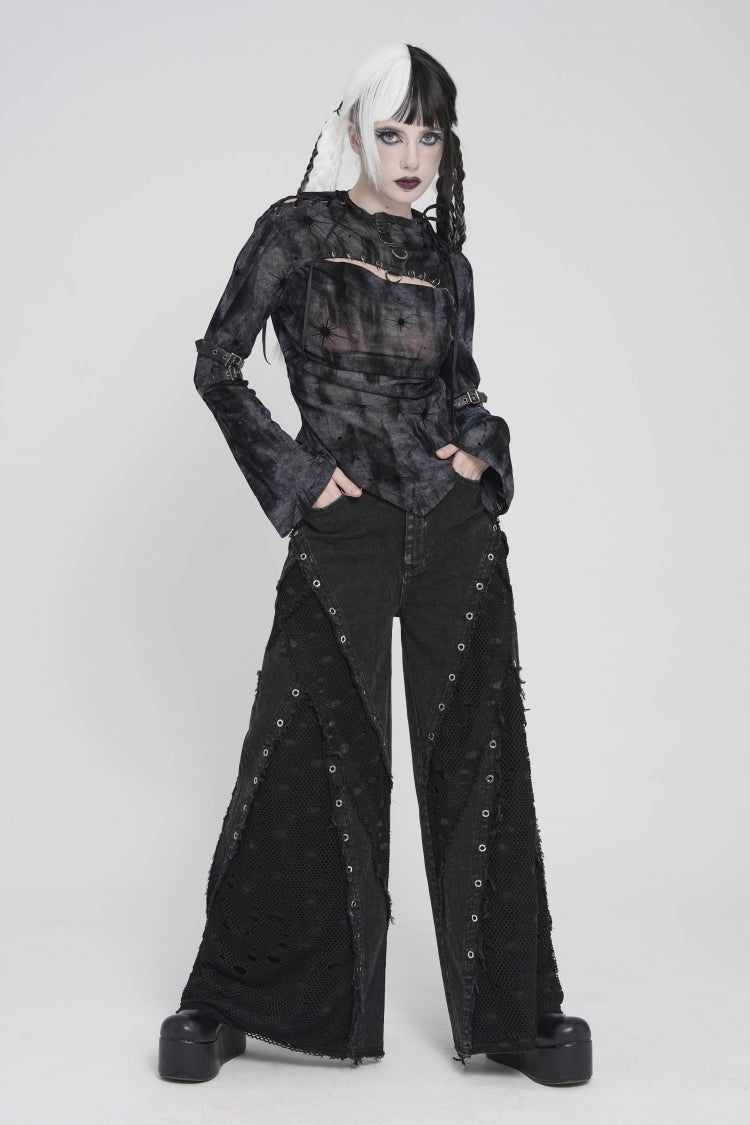 Black Cut-Out Spliced Mesh Eyelet Women's Punk Layered Ripped Pants