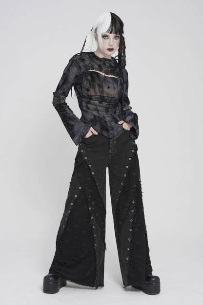 Black Cut-Out Spliced Mesh Eyelet Women's Punk Layered Ripped Pants