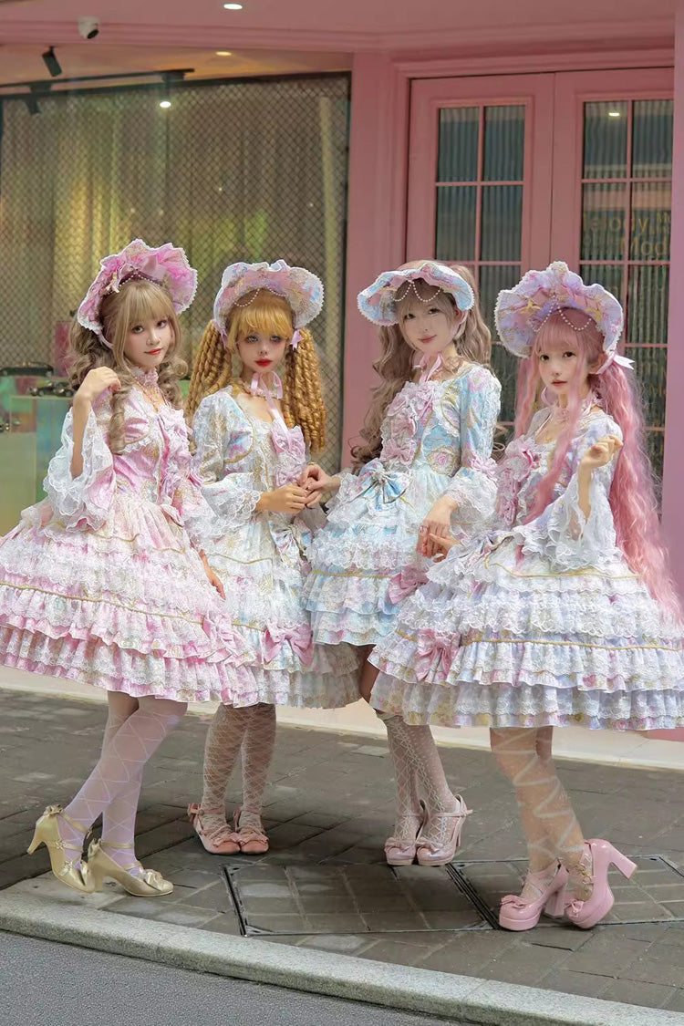 Apricot [Candlelight Elegance] Long Trumpet Sleeves Multi-Layered Ruffle Bowknot Lace Sweet Elegant Lolita Dress