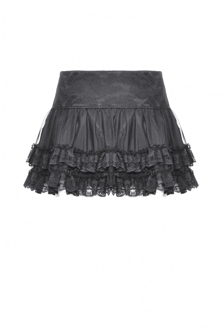Black Layered Lace Mesh Lace-Up Zippered Women's Punk Mini Skirt