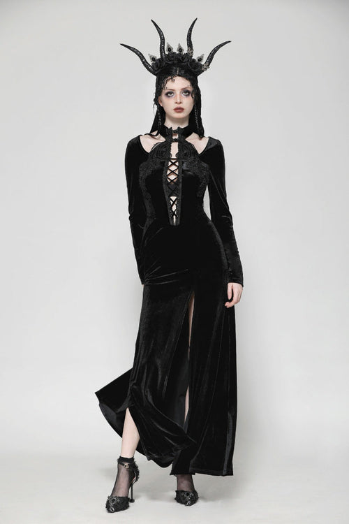Black Long Sleeves Cut-Out Lace-Up Women's Gothic Side Slit Velvet Party Dress Wedding Dress