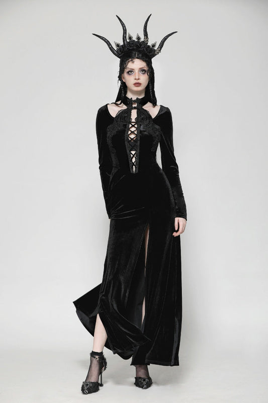 Black Long Sleeves Cut-Out Lace-Up Women's Gothic Side Slit Velvet Party Dress Wedding Dress