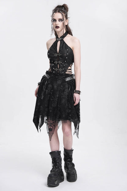 Black Halterneck Sleeveless Skull Print Irregular Women's Punk Dress