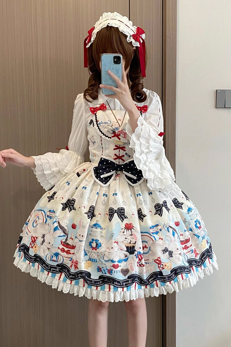 Beige [Mystery Rabbit Tea Party] Sleeveless Print Ruffle Bowknot Lace Sweet Lolita Jsk Dress