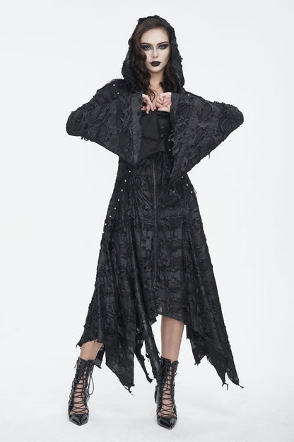 Black Long Trumpet Sleeves Irregular Hooded Womens Gothic Dress