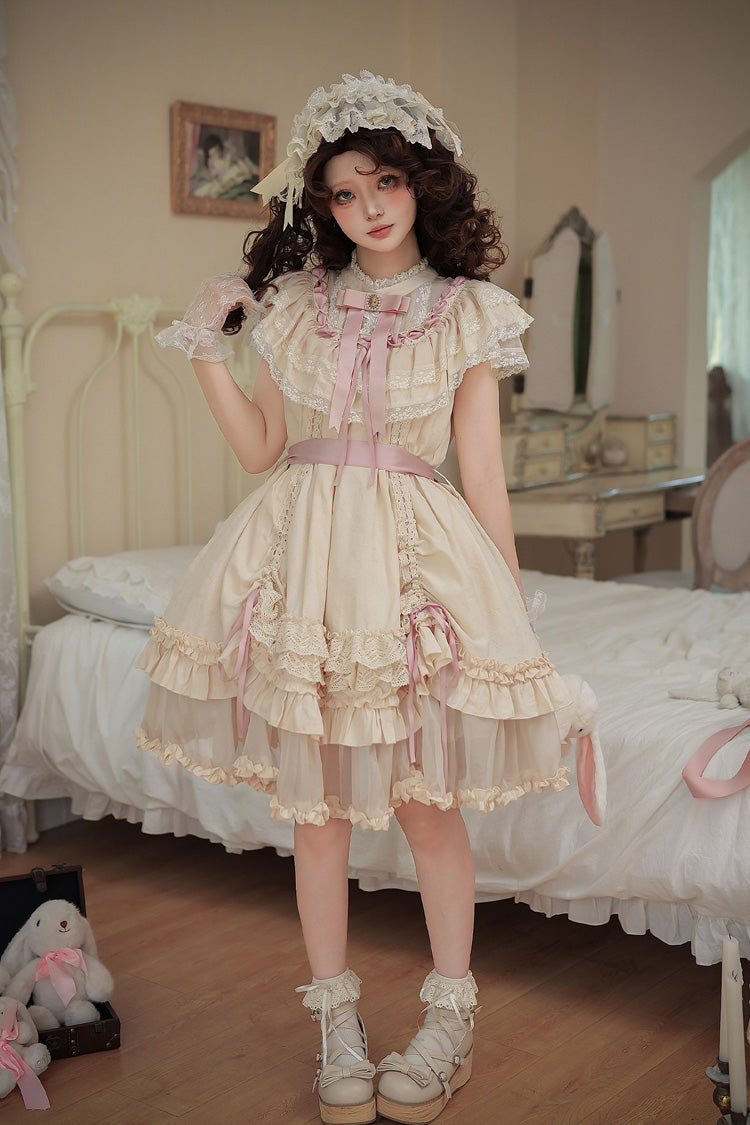 Apricot [Lily's Dream] Stand Collar Short Sleeves Loose-Fit Doll-Like Multi-Layered Ruffled Bow Lace Sweet Lolita Dress 2 Versions