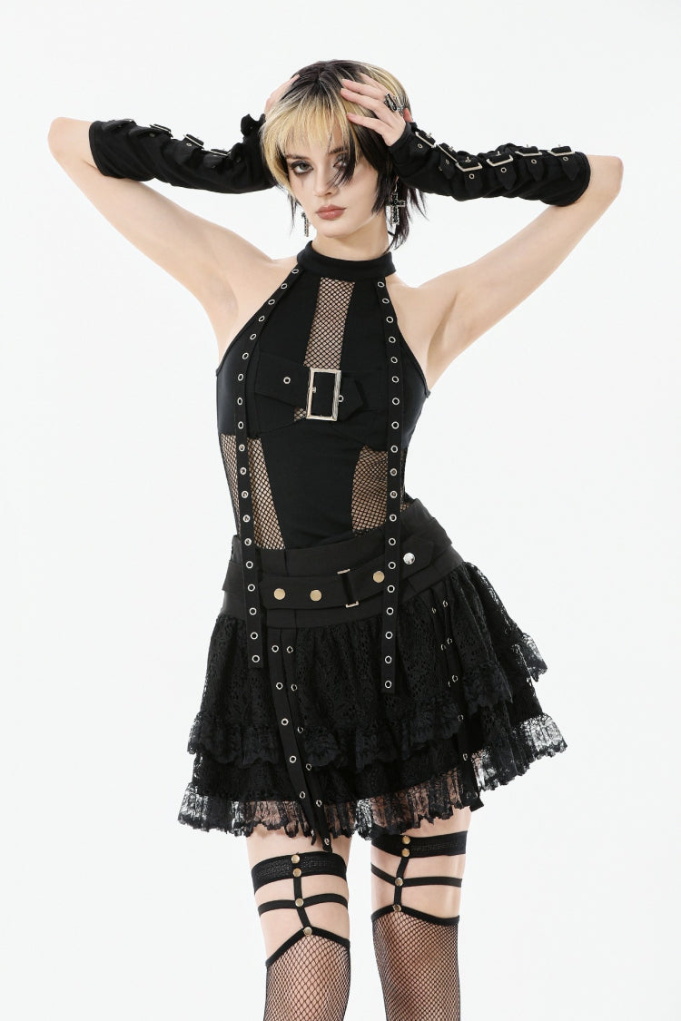 Black Off Shoulder Halterneck Sleeveless Mesh Eyelet Strap Women's Punk Top