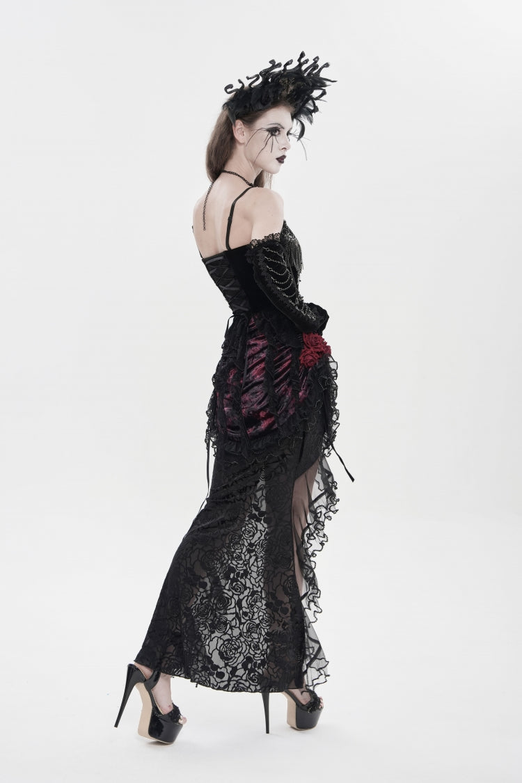 Black Lace-Up Women's Gothic Embroidered Tassels  Overbust Corset