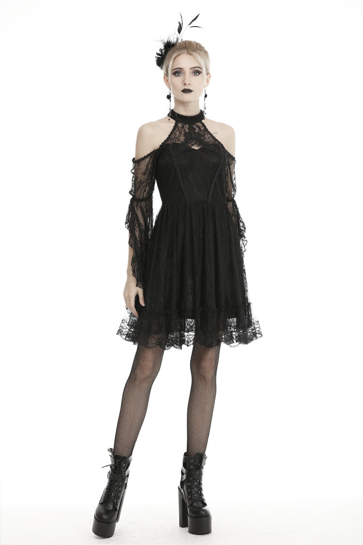 Black Off Shoulder Halterneck Long Sleeves Lace Women's Gothic Dress