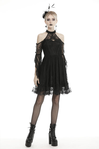 Black Off Shoulder Halterneck Long Sleeves Lace Women's Gothic Dress