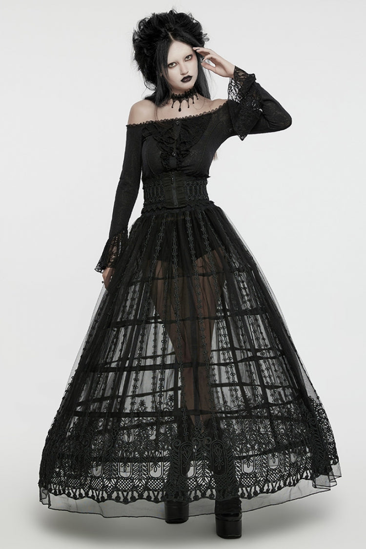 Black Floral Embroidery Mesh Women's Gothic Skirt