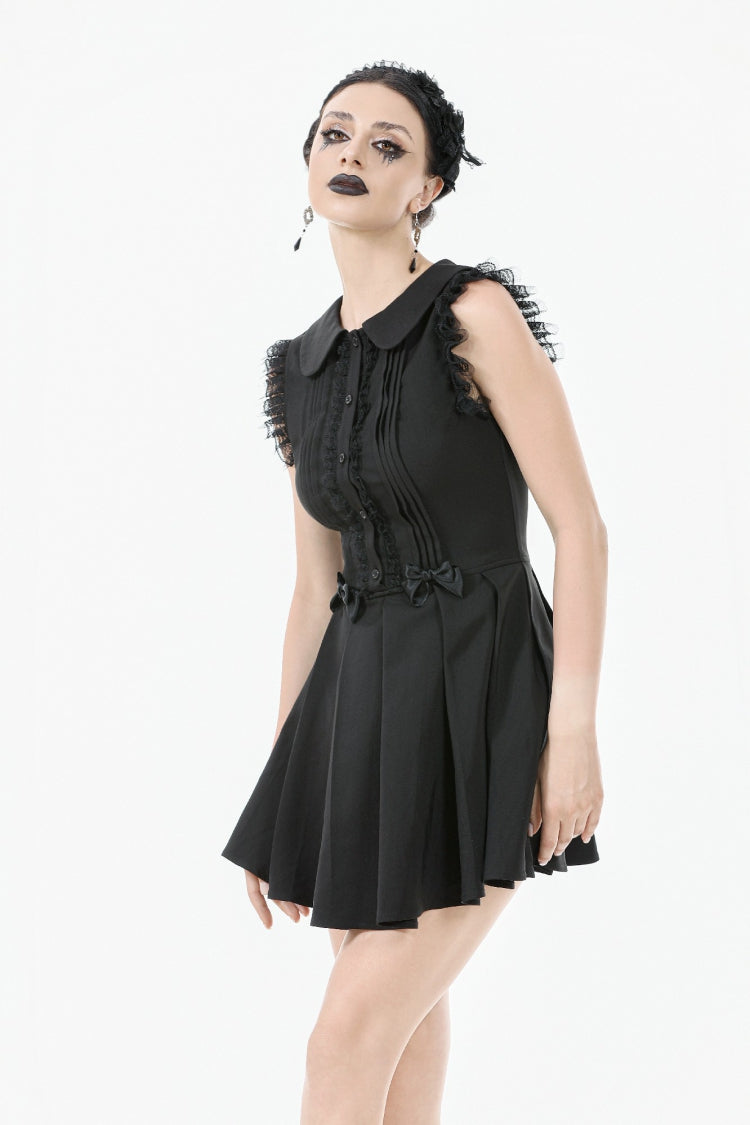Black Peter Pan Collar Sleeveless Bowknot Pleated Women's Gothic Graduation Dress