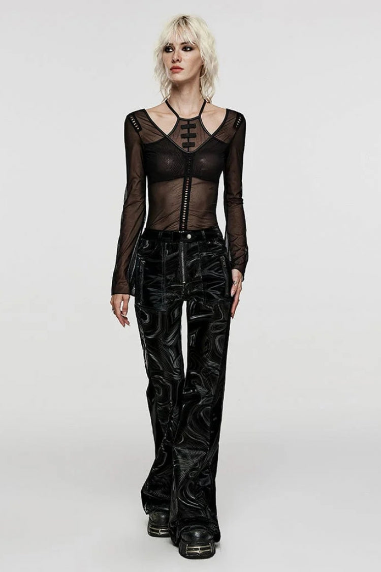 Black Long Sleeves Hollow Mesh Two-Piece Halter Womens Gothic T-Shirt