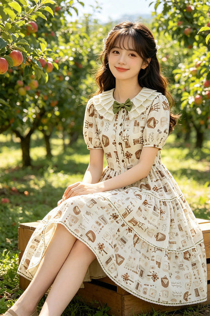 Apricot Short Sleeves Printed Ruffled Bow Sweet Plus Size Lolita Dress