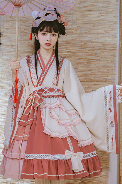 Beige/Pink Wide Sleeved Multi-Layered Ruffle Sweet Lolita OP Dress