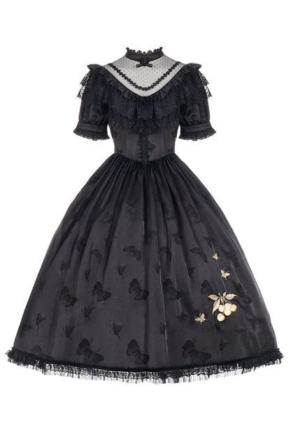 Black Daisy Print Cherry Embroidery Edwardian Collar Short Sleeves Gothic Lolita Dress